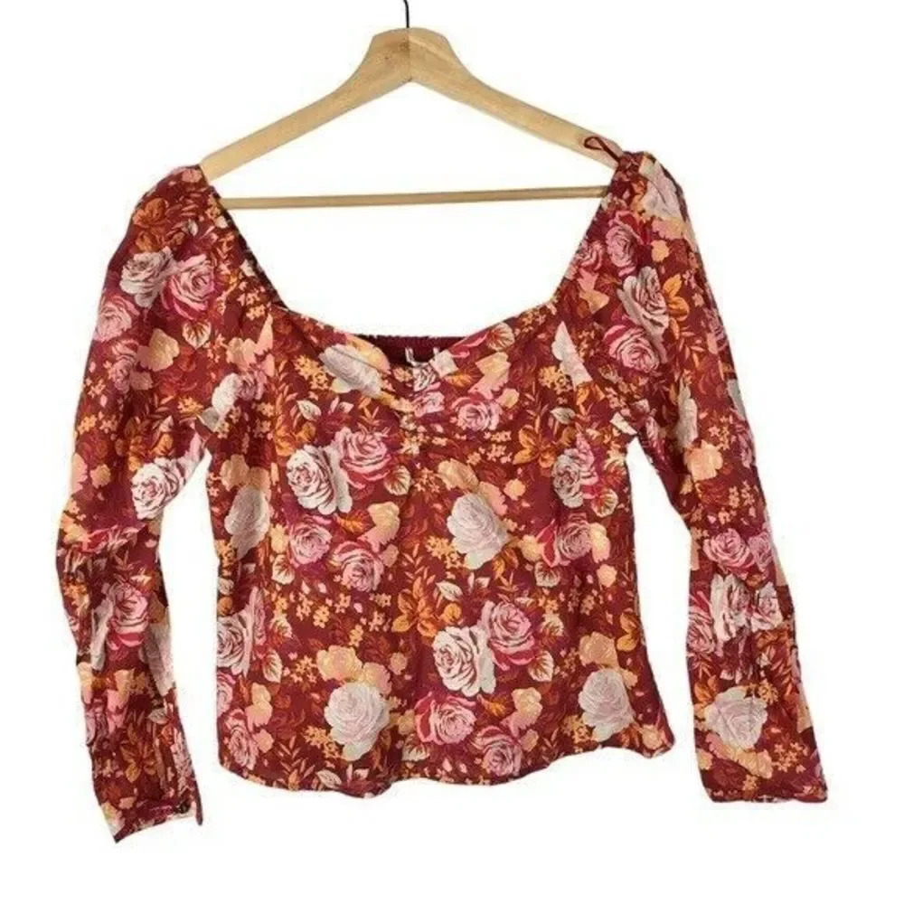 WAYF Shane Red Roses Off The Shoulder Cropped Long Sleeve Top S